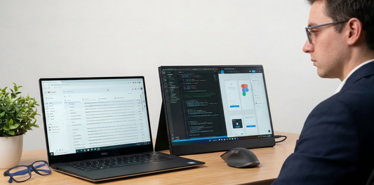laptop and INGNOK portable monitor dual-screen workspace