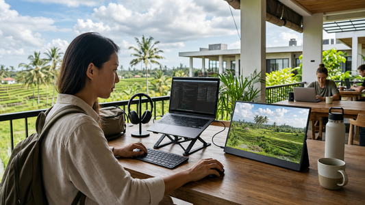 Digital nomad workspace with laptop and INGNOK portable monitor