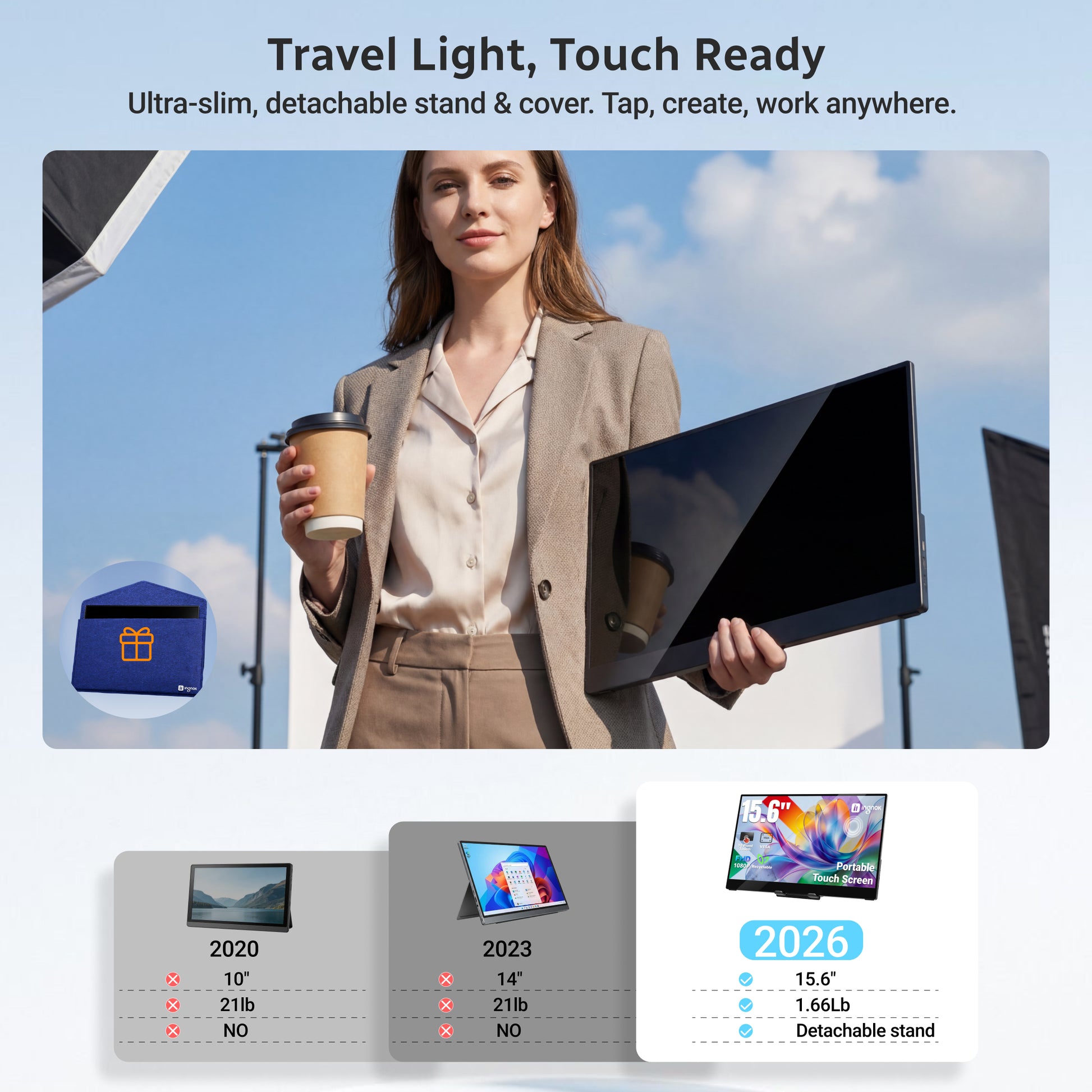 INGNOK 15.6 inch touchscreen portable monitor with adjustable stand angle