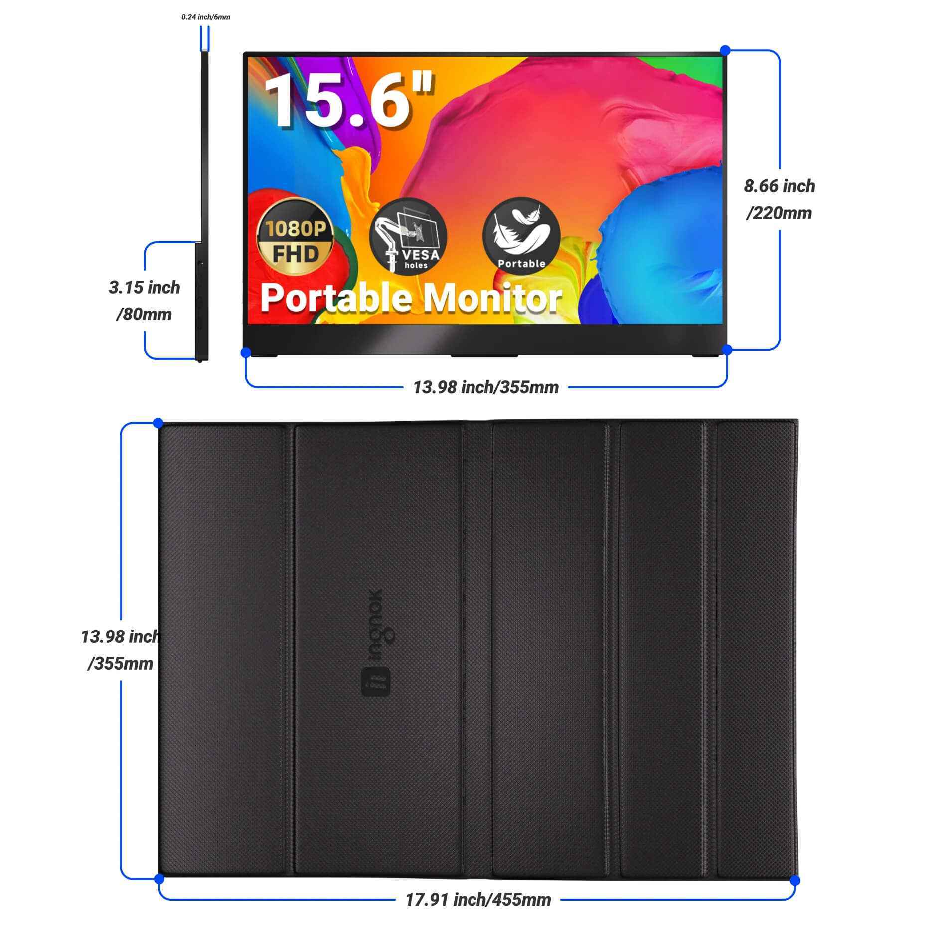 INGNOK YN02B 15.6 inch portable monitor size and dimensions